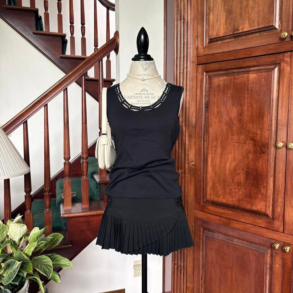 Karen Sott Chic Black and Silver Blouse Tank Top Round Neckline